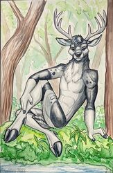  2022 antlers black_nose brushfire buck_(disambiguation) cervine cloven_hooves deer forest hooves horn ink looking_at_viewer mammal neck_tuft painting painting_(artwork) pinup plant pose sitting solo traditional_media_(artwork) tree tuft unguligrade unguligrade_anthro watercolor_(artwork) white_antlers 