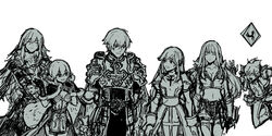  3boys 3girls armor assassin_cross_(ragnarok_online) belt blunt_bangs breastplate breasts cape cecil_damon chainmail cleavage closed_eyes closed_mouth commentary_request cowboy_shot crop_top cross dress eremes_guile fur-trimmed_cape fur-trimmed_gloves fur_trim gauntlets gloves greyscale hair_between_eyes high_priest_(ragnarok_online) high_wizard_(ragnarok_online) hime_cut howard_alt-eisen juliet_sleeves kathryne_keyron kusabi_(aighe) long_bangs long_hair long_sleeves looking_at_another lord_knight_(ragnarok_online) margaretha_sorin medium_bangs medium_breasts midriff monochrome multiple_boys multiple_girls navel open_mouth pants pauldrons puffy_sleeves ragnarok_online sash seyren_windsor short_hair shorts shoulder_armor sidelocks simple_background small_breasts smile sniper_(ragnarok_online) spiked_gauntlets swept_bangs tabard tripping whitesmith_(ragnarok_online) 