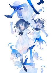  4girls ajimita blue_cat blue_theme bow collarbone commentary dress english_commentary eyebrows feline flower kneehighs multiple_girls multiple_views original sailor_collar sailor_dress shoes short_hair socks white_dress 