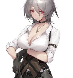  arm_under_breasts ash_arms black_gloves breasts bright_pupils chinese_commentary choker cleavage commentary_request corset female gloves grey_hair hair_between_eyes isu-122_(ash_arms) jewelry large_breasts looking_at_viewer necklace red_eyes shanyao_jiang_tororo short_hair simple_background sleeves_rolled_up solo white_background white_pupils 