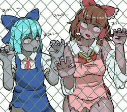  2girls annyui_(cookie) apron bad_id bad_twitter_id blue_bow blue_dress blue_hair blunt_bangs bow breasts brown_hair chain-link_fence cirno collared_shirt colored_skin commentary cookie_(touhou) cowboy_shot detached_sleeves dress fence frilled_bow frilled_hair_tubes frills grey_skin hair_tubes hairbow hakurei_reimu half_updo looking_at_another looking_at_viewer looking_to_the_side medium_breasts medium_hair multiple_girls neck_ribbon necktie no_pupils ohasi open_mouth pinafore_dress pink_apron puffy_short_sleeves puffy_sleeves red_bow red_ribbon red_shirt ribbon rurima_(cookie) shirt short_hair short_sleeves sleeveless sleeveless_dress torn_apron torn_clothes touhou translated white_background white_shirt white_sleeves yellow_necktie zombie zombification 