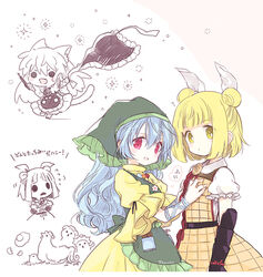  2girls ? animal_ears apron aqua_apron arm_ribbon armor bird biyon blonde_hair blue_hair blush cat_ears cat_tail chibi chick chicken chisel collared_shirt double_bun dress egg egg_(food) flying_sweatdrops food fried_egg grabbing grabbing_another&#039;s_breast green_apron green_hood hair_bun hair_ribbon haniwa_(statue) haniyasushin_keiki head_scarf jewelry joutouguu_mayumi kemonomimi_mode long_hair looking_at_viewer magatama magatama_necklace multiple_girls necklace photoshop_(medium) puffy_short_sleeves puffy_sleeves red_eyes ribbon shirt short_sleeves single_strap smock sweatdrop tail tools touhou translation_request vambraces white_ribbon white_shirt wood_carving_tool yellow_dress yellow_eyes 