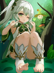  bloomers blush cape closed_mouth cross-shaped_pupils detached_sleeves dress feet female fungi_(genshin_impact) genshin_impact gold_trim gradient_hair green_cape green_eyes green_hair green_sleeves hair_ornament hands_up heart highres i_ruru index_fingers_raised knees_up leaf_hair_ornament long_hair looking_at_viewer multicolored_hair mushroom nahida_(genshin_impact) one_eye_closed pointing pointing_at_self pointy_ears side_ponytail sidelocks sitting sleeveless sleeveless_dress solo stirrup_footwear stirrup_legwear symbol-shaped_pupils toeless_footwear toeless_legwear toes tongue tongue_out tree underwear white_bloomers white_dress white_footwear white_hair 