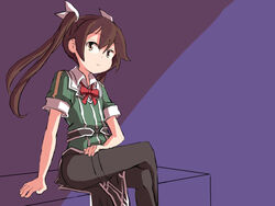  black_pantyhose bow bowtie brown_hair cowboy_shot crossed_legs english_commentary female hair_between_eyes hair_ribbon kantai_collection long_hair looking_at_viewer military military_uniform one-hour_drawing_challenge pantyhose pelvic_curtain red_bow red_bowtie ribbon sitting sixten solo thighband_pantyhose tone_(kancolle) tone_kai_ni_(kancolle) twintails uniform white_ribbon 