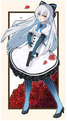  black_bow black_pantyhose blown_petals blue_bow blue_stripes bow bowtie buttons commentary_request dress elbow_gloves eyelashes female flower frilled_dress frills full_body girls&#039;_frontline gloves grey_hair gun hairbow handgun high_heels highres holding holding_gun holding_weapon juliet_sleeves long_hair long_sleeves looking_at_viewer mari0ball pantyhose parted_lips partially_fingerless_gloves petals pink_background pink_eyes puffy_sleeves pumps rose rose_petals short_sleeves simple_background smile solo striped_bow striped_clothes striped_gloves striped_pantyhose tokarev_(girls&#039;_frontline) tokarev_tt-33 trigger_discipline tsurime vertical-striped_clothes vertical-striped_gloves vertical-striped_pantyhose very_long_hair weapon white_dress 