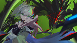  absurdres animal_ears arknights between_fingers black_collar blurry cat_ears chinese_commentary closed_mouth coat collar commentary depth_of_field dress female green_background green_dress green_eyes green_hair grey_hair hair_between_eyes hair_intakes highres holding holding_syringe kal&#039;tsit_(arknights) lab_coat li-mi material_growth mon3tr_(arknights) open_clothes open_coat originium_arts_(arknights) oripathy_lesion_(arknights) outstretched_hand short_hair simple_background solo stethoscope syringe upper_body watch white_coat wristwatch 