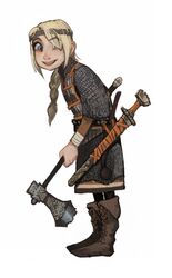  :d armor astrid_hofferson axe blonde_hair blue_eyes boots brown_footwear chainmail cross-laced_footwear female fold-over_boots from_side full_body hair_over_one_eye hatchet_(axe) headband highres holding holding_axe how_to_train_your_dragon lamellar_armor leaning_forward looking_at_viewer looking_to_the_side mossacannibalis one_eye_covered sheath sheathed simple_background smile solo standing sword weapon white_background 