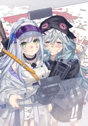  2girls assault_rifle black_choker black_hood black_hoodie blood blood_on_clothes blood_on_face blood_on_ground blue_hair breasts camera choker closed_mouth commentary_request cross cross_necklace dress feet_out_of_frame g11_(girls&#039;_frontline) girls&#039;_frontline green_eyes gun gun_on_back h&amp;k_g11 h&amp;k_hk416 highres hk416_(girls&#039;_frontline) holding holding_camera holding_gun holding_weapon hood hoodie jacket jewelry light_blue_hair lips long_hair long_sleeves looking_at_viewer medium_breasts multiple_girls necklace official_alternate_costume open_clothes open_jacket purple_eyes rabb_horn rifle shell_casing simple_background smile standing teardrop_facial_mark teardrop_tattoo v visor_cap weapon weapon_on_back white_dress white_jacket 