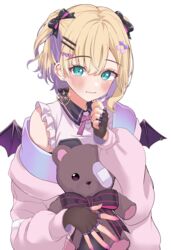  absurdres arm_strap bad_id bad_pixiv_id bandaid bandaid_on_arm bandaid_on_clothes bandaid_on_eye bat_wings black_bow black_corset black_gloves blonde_hair blush bow bowtie breasts buckle coat commentary_request corset earrings female fingerless_gloves frilled_shirt frills gloves green_eyes hair_between_eyes hair_ornament hairbow hairclip heart heart-shaped_buckle heart_hair_ornament highres holding holding_stuffed_toy jewelry kurumi_noah large_breasts looking_at_viewer nakano_kura oerba_yun_fang off_shoulder open_clothes open_coat pierced_wings pink_bow pink_bowtie pink_coat pink_nails shirt short_hair sleeveless sleeveless_shirt smile solo stuffed_animal stuffed_toy teddy_bear two_side_up virtual_youtuber vspo! white_shirt wings 