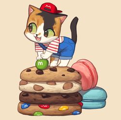  backwards_hat baseball_cap black_eyes blue_overalls brown_background chocolate_chip_cookie colored_sclera cookie feline food green_sclera hat highres korean_commentary leaning_forward m&amp;m&#039;s macaron no_humans open_mouth original overalls red_hat rinotuna shadow shirt short_sleeves simple_background smile solo striped_clothes striped_shirt 