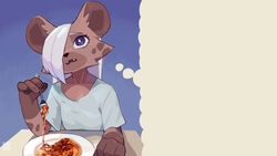  16:9 4_fingers absurd_res anthro at_table black_nose cheek_tuft claws clothing cutlery digital_media_(artwork) eating el-k eyebrows eyelashes facial_tuft fangs female fingers food fork frown fur furniture hair hair_over_eye hi_res holding_fork holding_object hyena jk_(el-k) kitchen_utensils mammal markings one_eye_obstructed open_frown open_mouth pasta pawpads plate purple_eyes shirt simple_background solo spaghetti spots spotted_body spotted_fur spotted_hyena table teeth template thought_bubble tools topwear tuft white_clothing white_hair white_shirt white_topwear widescreen 