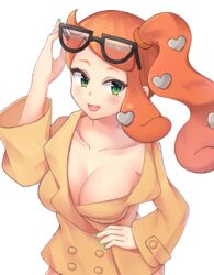  adjusting_eyewear arm_up blush breasts cleavage coat collarbone commentary eyelashes eyewear_on_head female from_above green_eyes green_nails hair_ornament hand_on_own_hip heart heart_hair_ornament long_hair long_sleeves looking_to_the_side naked_coat open_mouth orange_coat orange_hair pokemon pokemon_swsh shi_(shishi0748) side_ponytail simple_background smile solo sonia_(pokemon) sunglasses tongue white_background 