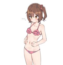  ... aa211108 belly_grab bikini blush breasts brown_hair collarbone female hair_ornament hair_scrunchie idolmaster idolmaster_million_live! kasuga_mirai navel one_side_up pink_bikini scrunchie simple_background small_breasts solo stomach string_bikini swimsuit white_background 