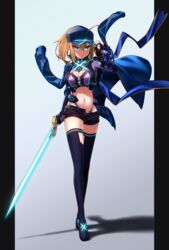  absurdres ahoge alternate_breast_size artoria_pendragon_(fate) baseball_cap black_shorts blonde_hair blue_eyes blue_gloves blue_hat blue_jacket blue_thighhighs breasts cleavage closed_mouth crossed_legs fate/grand_order fate_(series) female fingerless_gloves frown full_body gloves greenkohgen grey_background hair_between_eyes hat highres holding holding_sword holding_weapon jacket large_breasts long_hair looking_at_viewer mysterious_heroine_x_(fate) mysterious_heroine_x_(third_ascension)_(fate) navel open_fly pillarboxed ponytail short_shorts shorts solo standing sword thighhighs track_jacket watson_cross weapon 