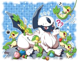  2017 absol ambiguous_gender apple blue_background blush bodily_fluids evil_anaunara food fruit generation_3_pokemon generation_5_pokemon group happy leppa_berry nintendo open_mouth oran_berry pecha_berry plant pokemon pokemon_(species) pokemon_berry question_mark rawst_berry simple_background sleeping snivy sweat 