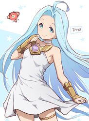  ahoge bare_shoulders blue_eyes blue_hair breasts bridal_gauntlets choker closed_mouth dress female fingerless_gloves flat_chest gloves granblue_fantasy jewelry kiikii_(kitsukedokoro) long_hair looking_at_viewer lyria_(granblue_fantasy) small_breasts smile solo very_long_hair vyrn_(granblue_fantasy) white_dress 