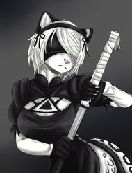  anthro breasts clothed clothing felid feline female fur hi_res leopard mammal nier_automata pantherine platinumgames solo spike_the_furry white_body white_fur yorha_2b 