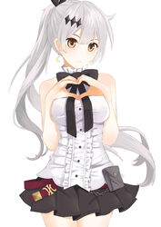  :3 absurdres belt belt_pouch black_bow black_skirt bow brown_eyes brs--wrs chain_belt commentary_request cowboy_shot crescent crescent_earrings diamond_(shape) diamond_hair_ornament drop_earrings earrings female five-seven_(girls&#039;_frontline) girls&#039;_frontline grey_hair hair_ribbon heart heart_hands highres jewelry long_hair looking_at_viewer ponytail pouch ribbon shirt simple_background skirt sleeveless sleeveless_shirt solo thighs very_long_hair white_background white_shirt 