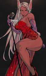  animal_ears arm_behind_back artist_name ass bare_legs bare_shoulders boku_no_hero_academia breasts commentary cosplay dark-skinned_female dark_skin dress earrings elbow_gloves female gloves high_heels holding holding_microphone_stand jessica_rabbit jessica_rabbit_(cosplay) jewelry kadeart knee_up large_breasts long_eyelashes long_hair looking_at_viewer microphone microphone_stand mirko parted_bangs pumps purple_gloves rabbit_ears rabbit_girl rabbit_tail red_dress red_eyes red_footwear simple_background smile solo strapless strapless_dress tail thick_thighs thighs toned very_long_hair white_hair who_framed_roger_rabbit 