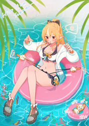  afloat anger_vein bikini bikini_skirt bikini_under_clothes bird black_bow black_sailor_collar black_skirt blonde_hair blush bow bowtie bracelet breasts brown_footwear cleavage collarbone coral cross-laced_footwear dark-skinned_female dark_elf dark_skin elbow_rest elf elfriend_(shiranui_flare) female fish front-tie_bikini_top front-tie_top hairbow halterneck hands_up highleg highleg_bikini highres hololive hololive_summer_2023_swimsuit hood hoodie innertube jewelry knees_together_feet_apart large_breasts layered_bikini long_hair long_sleeves multicolored_hair navel on_innertube open_clothes open_hoodie open_mouth orange_bikini orange_wristband partially_submerged pink_innertube pointy_ears ponytail puffy_long_sleeves puffy_sleeves red_eyes sailor_bikini sailor_collar sandals sasaki_(glass1138) shiranui_flare sitting skirt solo spoken_anger_vein strap_pull streaked_hair striped_bikini striped_bow striped_bowtie striped_clothes swim_ring swimsuit toeless_footwear virtual_youtuber water white_bikini white_hoodie wristband 