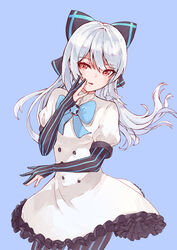  \||/ absurdres bad_id bad_pixiv_id black_bow black_pantyhose blue_background blue_bow blue_stripes bow bowtie buttons chopark commentary_request cowboy_shot dress elbow_gloves eyelashes female fingernails fingers_to_cheek floating_hair frilled_dress frills girls&#039;_frontline gloves grey_hair hairbow hand_on_own_cheek hand_on_own_face hand_up highres juliet_sleeves long_hair long_sleeves looking_at_viewer pantyhose parted_lips partially_fingerless_gloves photoshop_(medium) puffy_sleeves red_eyes short_sleeves simple_background solo striped_bow striped_clothes striped_gloves striped_pantyhose tokarev_(girls&#039;_frontline) tsurime vertical-striped_clothes vertical-striped_gloves vertical-striped_pantyhose very_long_hair white_dress 