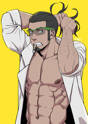  1boy abs arm_hair artist_name bara black_hair coat facial_hair goatee hair_tie hair_tie_in_mouth kukui_(pokemon) lab_coat looking_at_viewer male_focus mouth_hold pectorals pokemon pokemon_sm sideburns signature suyohara topless_male tying_hair yellow_background 