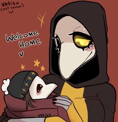  ambiguous_gender clothed clothing dialogue duo english_text female grey_body grey_skin happy hood humanoid margaret_(vetisx) mask mother_(lore) mother_and_child_(lore) parent_(lore) parent_and_child_(lore) plague_doctor simple_background smile talking_to_viewer text undead vetisx yellow_eyes 