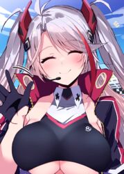  absurdres azur_lane blush breasts closed_eyes commentary_request female gloves highres himiya_jouzu jacket large_breasts long_hair microphone official_alternate_costume prinz_eugen_(azur_lane) prinz_eugen_(final_lap)_(azur_lane) race_queen skindentation smile solo underboob 