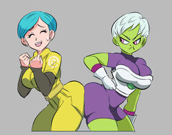  2girls armor ass ass_press ass_to_ass blue_hair bulma_briefs cheelai dat_ass dragon_ball dragon_ball_super dragon_ball_super_super_hero female female_only fully_clothed funsexydragonball gloves green_skin short_hair shounen_jump simple_background tagme white_hair 