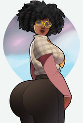  1girls ass ass_focus back_view big_butt black_hair clothed doctor_slone female fortnite glasses high_waisted_bottomwear high_waisted_pants looking_at_viewer looking_back pants postblue98 sideboob 