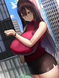  absurdres bag bare_shoulders black_skirt blue_sky borrowed_character breasts brown_eyes brown_hair building cityscape closed_mouth cloud commentary_request covered_nipples dutch_angle female glasses hair_between_eyes handbag highres huge_breasts long_hair miniskirt oekakizuki office_lady original outdoors paisu-chan_(yashiro_sousaku) pencil_skirt pink_nails railing red_shirt ribbed_shirt rooftop shirt skirt sky skyscraper sleeveless sleeveless_shirt solo standing thighs turtleneck watch 