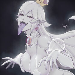  :d bikini black_background black_sclera breasts bright_pupils choker choker_jewel cleavage collarbone colored_sclera commentary_request earrings elbow_gloves female frilled_choker frilled_gloves frills ghost_pose gloves highres jewelry kumanz large_breasts leaning_forward long_tongue looking_at_viewer luigi&#039;s_mansion mario_(series) muted_color neck_garter new_super_mario_bros._u_deluxe open_mouth pale_skin partial_commentary pendant_collar pointy_ears princess_king_boo purple_eyes sharp_teeth signature smile solo sphere_earrings spread_fingers super_crown swimsuit teeth tongue tongue_out upper_body white_bikini white_gloves white_hair white_pupils 