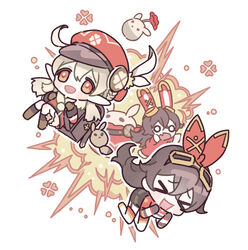  &gt;_&lt; 2girls ahoge amber_(genshin_impact) backpack bag baron_bunny_(genshin_impact) blonde_hair blush brown_hair chibi clover crossed_bangs dodoco_(genshin_impact) dress explosion feathers four-leaf_clover genshin_impact gloves goggles goggles_on_head hair_between_eyes hat hat_feather honeymilk0252 jumpy_dumpty klee_(genshin_impact) long_hair low_twintails multiple_girls open_mouth pointy_ears red_dress red_eyes red_headwear shorts twintails 