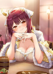  :&gt; alt_(ctrldel) atelier_(series) atelier_lydie_&amp;_suelle blush bonnet breast_rest breasts breasts_on_table brown_eyes cleavage closed_mouth commentary_request cup dress female fingernails frilled_dress frills head_scarf highres indoors interlocked_fingers jacket large_breasts long_sleeves looking_at_viewer red_hair short_hair smile solo sophie_neuenmuller upper_body white_headwear white_jacket yellow_dress 