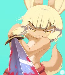  absurd_res anthro blonde_hair blood blood_on_sword blood_on_weapon bodily_fluids clothed clothing digital_media_(artwork) female flat_chested fur hair half_naked hi_res looking_at_viewer made_in_abyss melee_weapon nanachi narehate skalelsky smug_grin solo sword tan_body tan_fur topless weapon yellow_eyes 