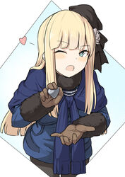  ;o beret black_hat black_pantyhose blonde_hair blue_eyes blue_jacket blush brown_gloves fate_(series) female flower food fur_collar fur_trim gloves green_eyes hair_flower hair_ornament hands_up hat heart holding jacket long_hair long_sleeves looking_at_viewer lord_el-melloi_ii_case_files one_eye_closed open_mouth pantyhose reines_el-melloi_archisorte shiseki_hirame smile solo tilted_headwear white_flower 