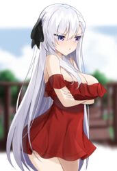  :t alternate_costume arms_under_breasts azur_lane bad_id bad_pixiv_id bare_shoulders belfast_(azur_lane) black_ribbon blue_sky blurry blurry_background breasts cleavage cloud crossed_arms dress female hair_between_eyes hair_ribbon highres large_breasts long_hair off_shoulder outdoors pout purple_eyes red_dress ribbon shengtian short_dress sidelocks sky solo standing thighs very_long_hair white_hair 