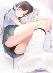  ama_mitsuki ass black_buruma blue_shirt blush brown_hair buruma closed_eyes feet female grey_skirt high-waist_skirt legs long_hair loose_socks lying no_shoes on_side original panties panties_under_buruma panty_peek plaid plaid_skirt pleated_skirt school_uniform shirt short_sleeves skirt sleeping socks soles solo thighs underwear white_panties white_socks 