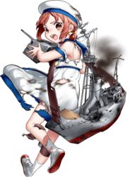  defeat dress female full_body hat hozuka_(kadokawa) kaiboukan_no._4_(kancolle) kantai_collection kneehighs lolicon machinery official_art open_mouth red_eyes red_hair sailor_dress sailor_hat short_hair short_sleeves smoke socks solo source_request torn_clothes torn_dress torn_hat torn_socks transparent_background white_dress white_hat white_socks 