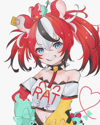  absurdres animal_collar animal_ears animal_on_head black_collar black_hair blue_eyes collar colored_tips cropped_shirt dice_hair_ornament female grin hair_ornament hakos_baelz hakos_baelz_(1st_costume) heart heart_tail highres hololive hololive_english layered_sleeves mouse_ears mouse_girl mouse_on_head mr._squeaks_(hakos_baelz) multicolored_hair off-shoulder_shirt off_shoulder on_head red_hair run_(run_level_18) shirt short_sleeves smile solo studded_collar t-shirt tail upper_body v-shaped_eyebrows virtual_youtuber white_hair white_shirt 