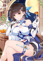  absurdres bare_shoulders breasts brown_eyes brown_hair chair china_dress chinese_clothes cleavage cleavage_cutout closed_mouth clothing_cutout commentary_request dress elbow_gloves female fingerless_gloves food fork full_moon gloves hair_ornament highres holding holding_fork honkai_(series) honkai_impact_3rd indoors li_sushang li_sushang_(jade_knight) looking_at_viewer mid-autumn_festival moon mooncake qingxiao_kiyokiyo rabbit sitting smile solo white_dress white_gloves window 