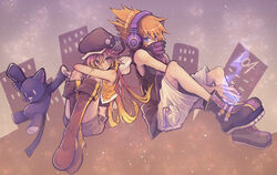  1boy badge black_headwear blue_eyes boots brown_footwear building button_badge cabbie_hat commentary_request crop_top female hair_between_eyes hat headphones hugging_own_legs knee_boots long_hair midriff misaki_shiki nyantan orange_hair outdoors pethyn sakuraba_neku shirt shorts sitting sleeveless sleeveless_shirt spiked_hair stuffed_animal stuffed_cat stuffed_toy subarashiki_kono_sekai 