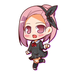  chibi female full_body hair_ribbon kaguya-sama_wa_kokurasetai_~tensai-tachi_no_renai_zunousen~ koyasu_tsubame looking_at_viewer lowres multicolored_hair no_nose pac-man_eyes photoshop_(medium) pink_eyes pink_hair ponytail purple_hair ribbon school_uniform short_ponytail shuuchiin_academy_school_uniform sidelocks simple_background solo suntail white_background 