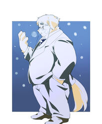  2022 anthro bottomwear canid canine canis clothing domestic_dog electronics headphones hi_res humanoid_hands inunoshippo kemono male mammal necktie overweight overweight_male pants shirt solo suit topwear 