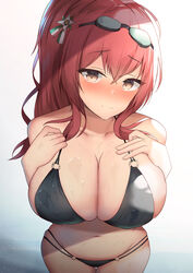  azur_lane bare_shoulders bikini black_bikini blush breasts brown_eyes cleavage closed_mouth crossed_bangs female goggles goggles_on_head hair_between_eyes hair_ornament hands_on_own_chest highleg highleg_bikini highres houraku large_breasts multi-strapped_bikini navel o-ring o-ring_bikini official_alternate_costume red_hair side_ponytail skindentation smile solo swimsuit thighs wet zara_(azur_lane) zara_(poolside_coincidence)_(azur_lane) 