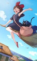  ^_^ absurdres black_dress blush boat broom broom_riding brown_hair closed_eyes cloud dress feline female flats full_body hair_ribbon head_tilt highres jiji_(majo_no_takkyuubin) kiki_(majo_no_takkyuubin) majo_no_takkyuubin nemoto_yuuma ocean open_hand open_mouth outdoors red_footwear red_ribbon ribbon sailboat sky smile solo watercraft yellow_eyes 