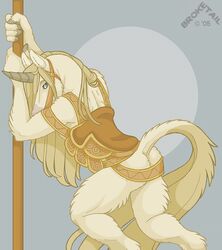  amusement_ride anthro ass bridle broketail carousel equid equine horn male mammal mythological_creature mythological_equine mythology pose saddle simple_background solo unicorn 