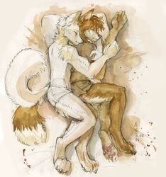  2022 4_toes akatan_art anthro arm_tuft barefoot bed bedding bedding_background brown_body brown_fur brown_hair canid canine cheek_tuft claws closed_eyes clothed clothing cuddling dated dipstick_tail duo facial_tuft feet fox fur furniture hair hi_res hug lying male male/male mammal markings neck_tuft on_bed on_side painting_(artwork) pawpads paws red_pawpads short_hair shoulder_tuft side_view signature soles spooning tail tail_markings toes topless traditional_media_(artwork) tuft watercolor_(artwork) white_body white_fur white_tail_tip 