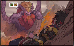  armor blue_eyes capcom claws duo elder_dragon fangs finger_claws gerookie gesture hand_gesture hi_res lying monster monster_hunter nude on_back open_mouth outside pointing rock sharp_teeth sky teeth teostra think_mark_think! volcano wings 