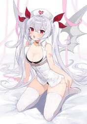  arm_support azur_lane bandaid bandaid_on_arm bat_wings black_bra black_panties blush bra breasts brown_choker buttons center_opening choker cleavage commentary crossed_bangs female full_body hair_between_eyes hair_ribbon hat heart heart_choker highres long_hair looking_at_viewer medium_breasts nurse_cap oerba_yun_fang official_alternate_costume open_mouth panties panty_peek pink_ribbon red_eyes red_ribbon ribbon seiza shirt shoes sitting skindentation sleeveless sleeveless_shirt solo strap thighhighs thighs twintails underwear vampire_(azur_lane) vampire_(little_devil_in_white)_(azur_lane) very_long_hair white_footwear white_hair white_hat white_shirt white_thighhighs wing_collar wings yayako_(804907150) 